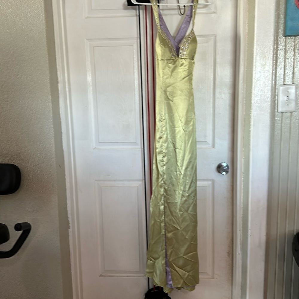 Satin long dress with sequins in green with purple underneath, size 6